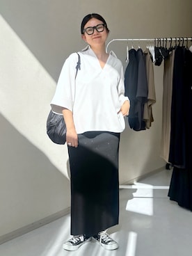 「nissen（ニッセン）のスキッパーブラウス＜大きいサイズ有＞シックスタイル（シャツ/ブラウス、ホワイト系）」を使った、かな153さん（レディース・153cm）の春コーディネート