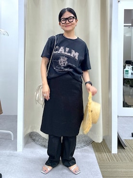 「nissen（ニッセン）の綿100％ピグメント染ロゴプリントTシャツ＜大きいサイズ有＞シックスタイル（Tシャツ/カットソー、ブラック系）」を使った、かな153さん（レディース・153cm）の夏コーディネート