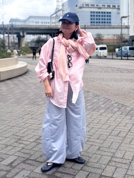 「nissen（ニッセン）の【美極シャツ】ダブルポケットニューノーマルシャツ＜大きいサイズ有＞（シャツ/ブラウス、ピンク系）」を使った、かな153さん（レディース・153cm）の春コーディネート