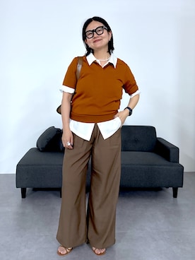 「Maison INNESS（メゾンアイネス）の【アイスクリーンプレミアム】5分袖ポロ衿ニット（持続冷感・毛玉なりにくい ・UVカット・洗濯機で洗える・遮熱）（ニット/セーター、イエロー系）」を使った、かな153さん（レディース・153cm）の夏コーディネート