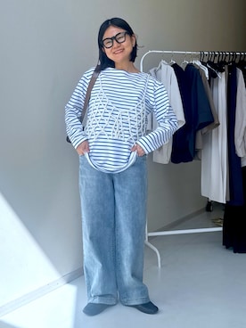 「nissen（ニッセン）の＜大きいサイズ＞長袖ボートネックリップルボーダーゆるカットソートップス（Tシャツ/カットソー、ブルー系）」を使った、かな153さん（レディース・153cm）の春コーディネート