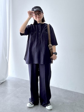 「nissen（ニッセン）のレーヨン麻衿リブハーフスリーブブラウス＜大きいサイズ有＞シックスタイル（シャツ/ブラウス、ブルー系）」を使った、かな153さん（レディース・153cm）の夏コーディネート