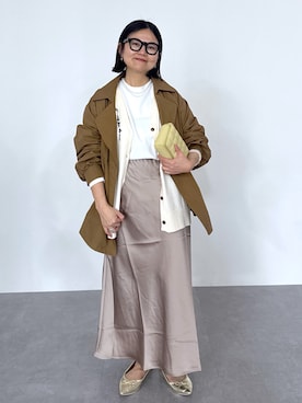 「nissen（ニッセン）の＜大きいサイズ＞ゆるシルエットふんわり袖ライトコート（ジャケット/アウター、ブラウン系）」を使った、かな153さん（レディース・153cm）の春コーディネート