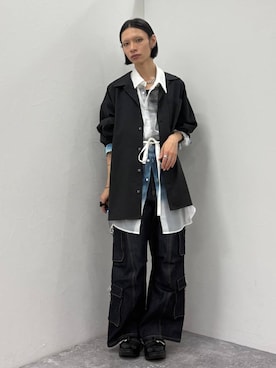 「HARE（ハレ）のルーズエアリーオープンカラーシャツ(HARE)（シャツ/ブラウス、ブラック系）」を使った、seigiさん（メンズ）の夏コーディネート