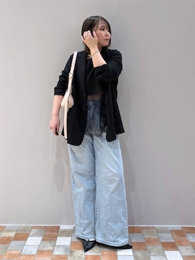 「BARNYARDSTORM（バンヤードストーム）のBARNYARDSTORM / Oggi11月号掲載◆ソフトウエストワイドデニムパンツ【WEB限定】（デニムパンツ、ブルー系）」を使った、byumemotoさん（レディース・160cm）の春コーディネート