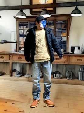 「coen（コーエン）のアイテム（キャップ）」を使った、ホンマヨさん（メンズ・175cm）の冬コーディネート