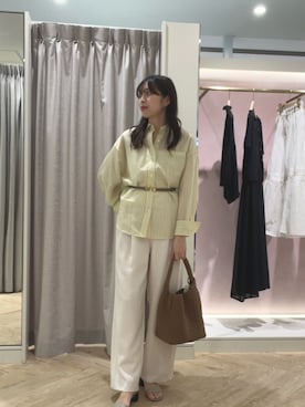「NOLLEY’S Sophi（ノーリーズソフィ）のウォッシャブルMARSALAシアーストライプ3WAYシャツ（シャツ/ブラウス、イエロー系）」を使った、asano1019さん（レディース・162cm）の春コーディネート