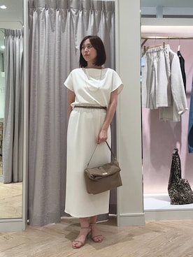 「NOLLEY’S Sophi（ノーリーズソフィ）の《セットアップ対応》ウォッシャブルマルチファンクションボートネックプルオーバー（Tシャツ/カットソー、ホワイト系）」を使った、asano1019さん（レディース・162cm）の夏コーディネート