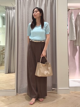 「NOLLEY’S Sophi（ノーリーズソフィ）のウォッシャブル強撚ツイルワイドパンツ（その他パンツ、ブラウン系）」を使った、asano1019さん（レディース・162cm）の夏コーディネート