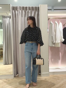 「NOLLEY’S Sophi（ノーリーズソフィ）の《セットアップ対応》ラメカットジャガードオフショルブラウス（シャツ/ブラウス、ブラック系）」を使った、asano1019さん（レディース・162cm）の春コーディネート