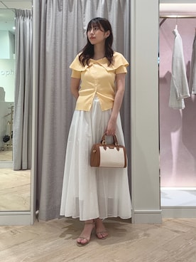 「NOLLEY’S Sophi（ノーリーズソフィ）の《手洗い可能》ビックカラーオフショルプルオーバー（ニット/セーター、ベージュ系）」を使った、asano1019さん（レディース・162cm）の夏コーディネート