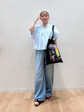 「URBAN RESEARCH（アーバンリサーチ）のハーフスリーブタックショートシャツ（シャツ/ブラウス、ブルー系）」を使った、umechiさん（レディース・150cm）の夏コーディネート