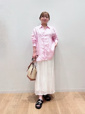 「URBAN RESEARCH（アーバンリサーチ）のリネン2WAYシャツ（シャツ/ブラウス、ピンク系）」を使った、umechiさん（レディース・150cm）の夏コーディネート