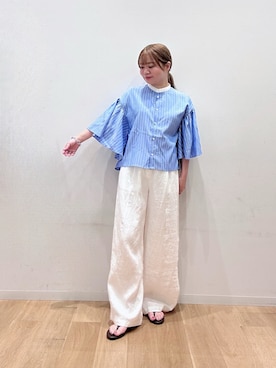 「URBAN RESEARCH（アーバンリサーチ）の『3サイズ展開』リネンイージーワイドスラックス（その他パンツ、ホワイト系）」を使った、umechiさん（レディース・150cm）の夏コーディネート