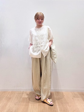「かぐれ（カグレ）のコットンガーゼ刺繍2WAYブラウス（シャツ/ブラウス、ホワイト系）」を使った、umechiさん（レディース・150cm）の夏コーディネート