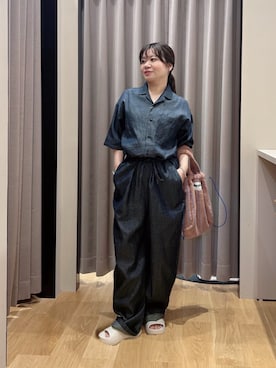 「かぐれ（カグレ）の綿麻デニムハーフスリーブオールインワン（つなぎ/オールインワン、ブルー系）」を使った、umechiさん（レディース・150cm）の春コーディネート