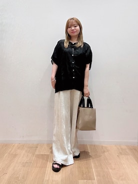 「かぐれ（カグレ）のコットンガーゼ刺繍2WAYブラウス（シャツ/ブラウス、ブラック系）」を使った、umechiさん（レディース・150cm）の夏コーディネート