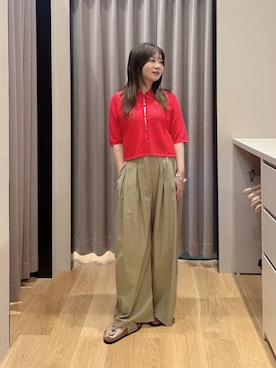 「URBAN RESEARCH（アーバンリサーチ）のシャツカラーレースニット（ニット/セーター、レッド系）」を使った、umechiさん（レディース・150cm）の春コーディネート