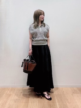 「URBAN RESEARCH（アーバンリサーチ）のシャツカラーメッシュニット（ニット/セーター、ブラック系）」を使った、umechiさん（レディース・150cm）の夏コーディネート