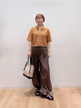「URBAN RESEARCH（アーバンリサーチ）のシャツカラーレースニット（ニット/セーター、ブラウン系）」を使った、umechiさん（レディース・150cm）の夏コーディネート
