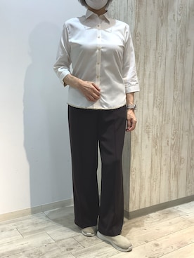 「TOKYO SHIRTS（トウキョウシャツ）の形態安定ノンアイロン ワイド 7分袖ビジネスワイシャツ（ビジネスシャツ、オレンジ系）」を使った、BRICK HOUSE by Tokyo Shirts 博多ゆめタウン店さん（レディース・163cm）の夏コーディネート
