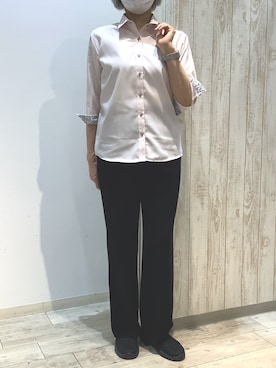 「TOKYO SHIRTS（トウキョウシャツ）の形態安定ノンアイロン レギュラー 7分袖ビジネスワイシャツ（ビジネスシャツ、ピンク系）」を使った、BRICK HOUSE by Tokyo Shirts 博多ゆめタウン店さん（レディース・163cm）の春コーディネート