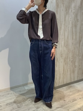 「TOKYO SHIRTS（トウキョウシャツ）のマットジョーゼット 配色 ボウタイブラウス 長袖 レディースデザインシャツ（シャツ/ブラウス、ブラウン系）」を使った、BRICK HOUSE by Tokyo Shirts 博多ゆめタウン店さん（レディース・164cm）の秋コーディネート