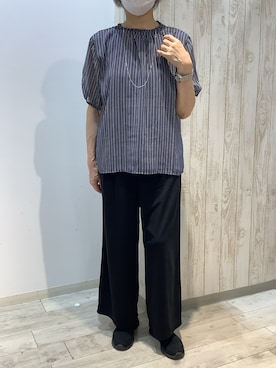 「TOKYO SHIRTS（トウキョウシャツ）のストライプ シフォンブラウス 五分袖（シャツ/ブラウス、ブルー系）」を使った、BRICK HOUSE by Tokyo Shirts 博多ゆめタウン店さん（レディース・163cm）の夏コーディネート