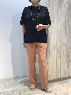 「TOKYO SHIRTS（トウキョウシャツ）のシルキーサテン ピンタック ブラウス 半袖（シャツ/ブラウス、ブルー系）」を使った、BRICK HOUSE by Tokyo Shirts 博多ゆめタウン店さん（レディース・163cm）の春コーディネート