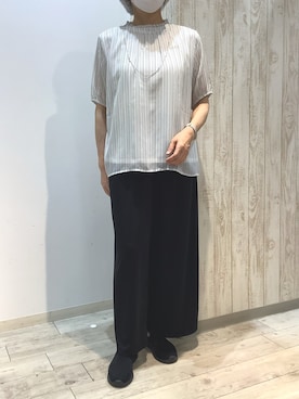 「TOKYO SHIRTS（トウキョウシャツ）のストライプ シフォンブラウス 五分袖（シャツ/ブラウス、ホワイト系）」を使った、BRICK HOUSE by Tokyo Shirts 博多ゆめタウン店さん（レディース・163cm）の夏コーディネート