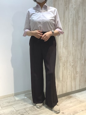 「TOKYO SHIRTS（トウキョウシャツ）の【透け防止】 形態安定ノンアイロン スキッパー 7分袖ビジネスワイシャツ（ビジネスシャツ、ピンク系）」を使った、BRICK HOUSE by Tokyo Shirts 博多ゆめタウン店さん（レディース・163cm）の夏コーディネート