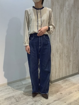 「TOKYO SHIRTS（トウキョウシャツ）のジョーゼット キーネック ブラウス 長袖 レディースデザインシャツ（シャツ/ブラウス、ベージュ系）」を使った、BRICK HOUSE by Tokyo Shirts 博多ゆめタウン店さん（レディース・164cm）の秋コーディネート