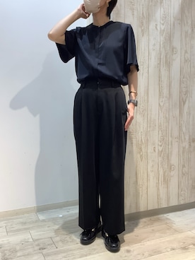 「TOKYO SHIRTS（トウキョウシャツ）のシルキーサテン ピンタック ブラウス 半袖（シャツ/ブラウス、ブルー系）」を使った、BRICK HOUSE by Tokyo Shirts 博多ゆめタウン店さん（レディース・163cm）の夏コーディネート