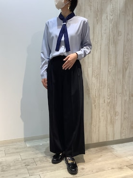 「TOKYO SHIRTS（トウキョウシャツ）の【吸水速乾】【COFREX】 配色ボウタイ ブラウス 長袖 レディースデザインシャツ（シャツ/ブラウス、ブルー系）」を使った、BRICK HOUSE by Tokyo Shirts 博多ゆめタウン店さん（レディース・164cm）の秋コーディネート