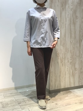「TOKYO SHIRTS（トウキョウシャツ）の形態安定ノンアイロン ラウンド 7分袖ビジネスワイシャツ（ビジネスシャツ、グレー系）」を使った、BRICK HOUSE by Tokyo Shirts 博多ゆめタウン店さん（レディース・164cm）の春コーディネート