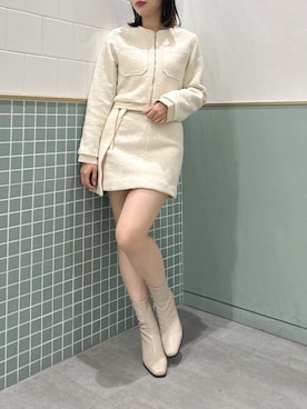 「オールホワイト」｜「アイテム（ノーカラージャケット）」を使った、ami さん（レディース・158cm）の秋コーディネート