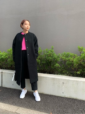 「ELENDEEK」｜「アイテム（ノーカラーコート）」を使った、azusaさん（レディース・153cm）の秋コーディネート