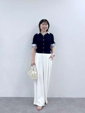 「La boutique BonBon（ラブティックボンボン）の【接触冷感・最強愛され】クールタッチUVシャツドッキングニット（ニット/セーター、ブルー系）」を使った、yukilabonさん（レディース・158cm）の春コーディネート