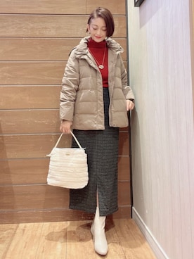 「レッド」｜「アイテム（ダウンジャケット/コート）」を使った、aaamiさん（レディース・153cm）の冬コーディネート