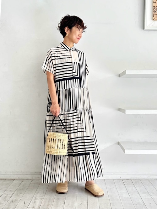 ストライプシルクストレッチ ギャザーシャツドレス（シャツ