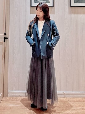 「SHOO・LA・RUE（シューラルー）の【セットアップ可/S-LL/洗濯機可】マニッシュに決まる ダブルブレストジャケット（テーラードジャケット、ブルー系）」を使った、コズズさん（レディース・156cm）の冬コーディネート