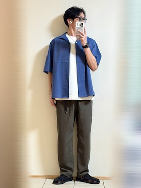 「Gramicci（グラミチ）の【別注】＜Gramicci＞麻 ブレンド ワイドテーパード イージーパンツ（その他パンツ、ブラウン系）」を使った、Sammyサミーさん（メンズ・177cm）の夏コーディネート
