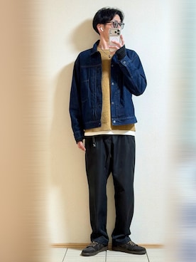 「GLOBAL WORK（グローバルワーク）のやわらかリッチモールニット/クルー/581133（ニット/セーター、ベージュ系）」を使った、Sammyサミーさん（メンズ・177cm）の春コーディネート