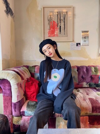 Marimekko Kioski パープル花柄刺繍トレーナー S Marimekko Kioski パープル花柄刺繍トレーナー S Marimekko