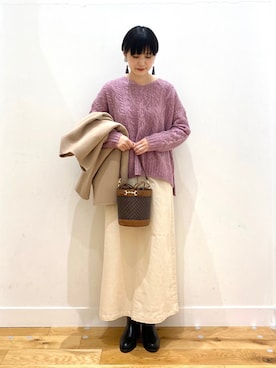 「ケーブルニット」｜「アイテム（ノーカラージャケット）」を使った、saoriさん（レディース・158cm）の秋コーディネート