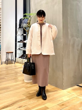 「ニットワンピース」｜「アイテム（ノーカラージャケット）」を使った、saoriさん（レディース・158cm）の冬コーディネート