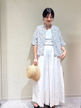「かぐれ（カグレ）の5分袖プリントシャツカーディガン（カーディガン/ボレロ）」を使った、saoriさん（レディース・158cm）の夏コーディネート
