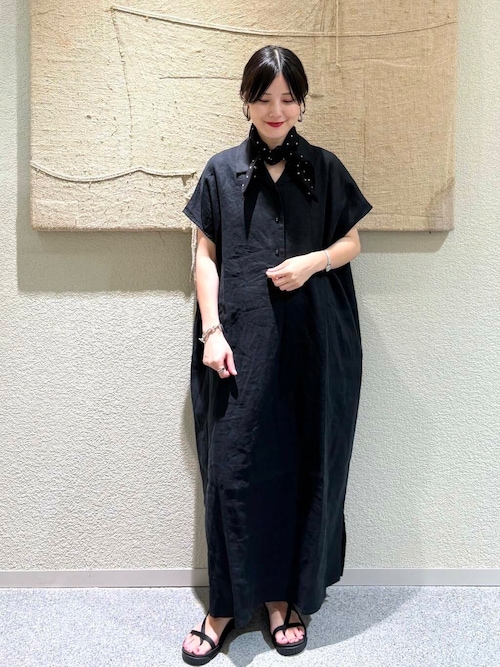 かぐれ 『2サイズ展開』リネンフレンチシャツワンピース かぐれ｜『2サイズ展開』リネンクルーネックワイドワンピース