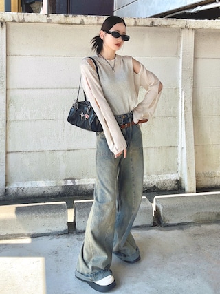 「mushwear（マッシュウェア）のDistressed Washed Wide-leg Stitch Work Jeans（デニムパンツ）」を使った、T Λ Eさん（レディース・158cm）の夏コーディネート