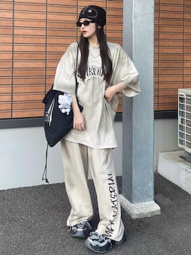 「mushwear（マッシュウェア）のWash Distressed Embroidery Loose T-shirt（Tシャツ/カットソー、ホワイト系）」を使った、T Λ Eさん（レディース・158cm）の春コーディネート